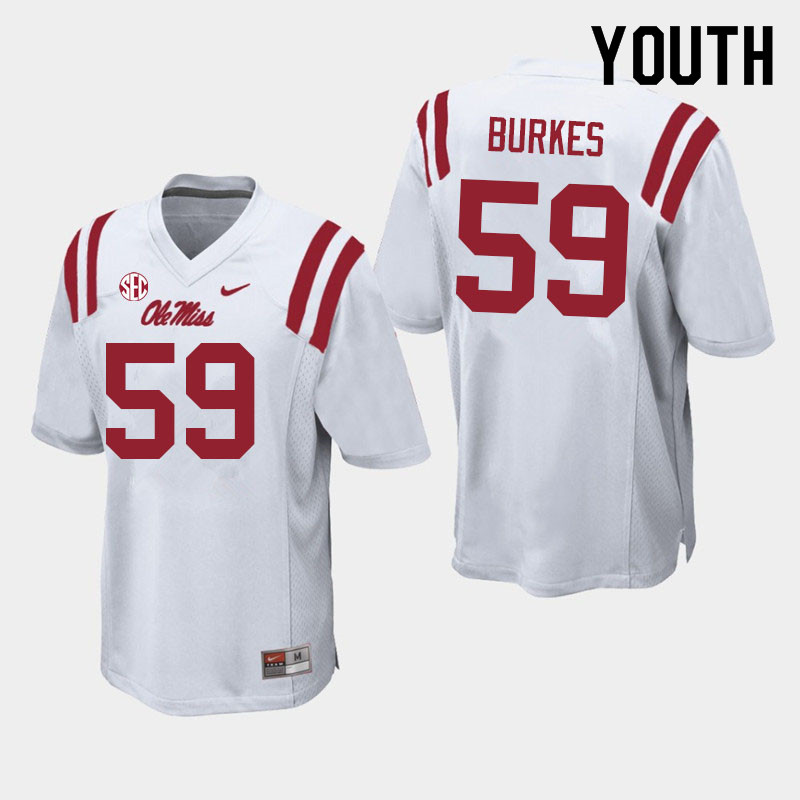 Youth #59 Tyler Burkes Ole Miss Rebels College Football Jerseys Sale-White